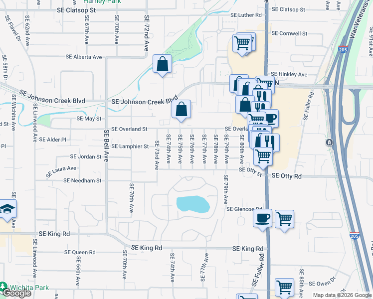 map of restaurants, bars, coffee shops, grocery stores, and more near 7510 Southeast Lamphier Street in Milwaukie