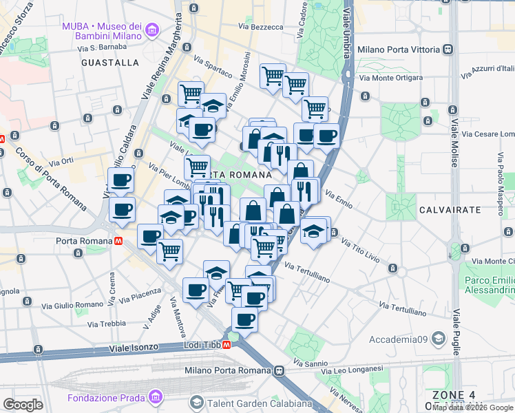 map of restaurants, bars, coffee shops, grocery stores, and more near 9 Via Contardo Ferrini in Milano