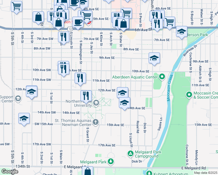 map of restaurants, bars, coffee shops, grocery stores, and more near 1120 South Arch Street in Aberdeen