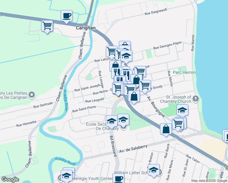 map of restaurants, bars, coffee shops, grocery stores, and more near 1096 Rue Notre - Dame in Chambly