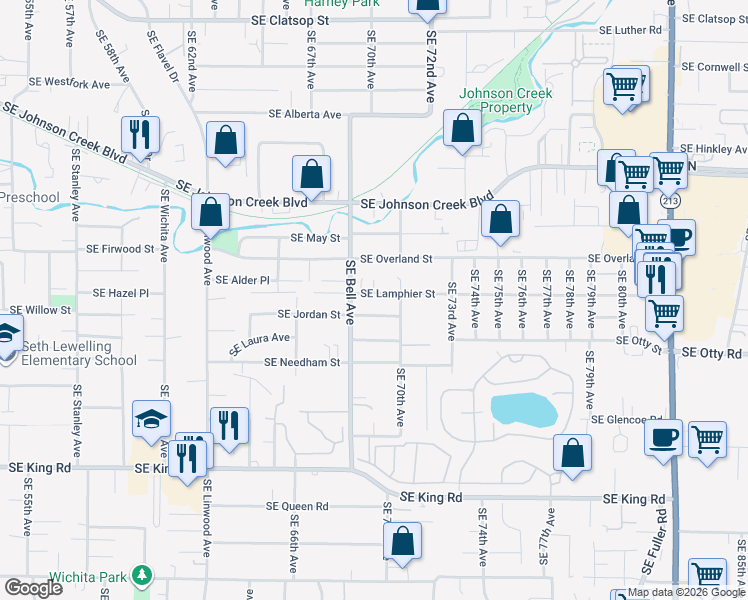 map of restaurants, bars, coffee shops, grocery stores, and more near 6840 Southeast Lamphier Street in Milwaukie