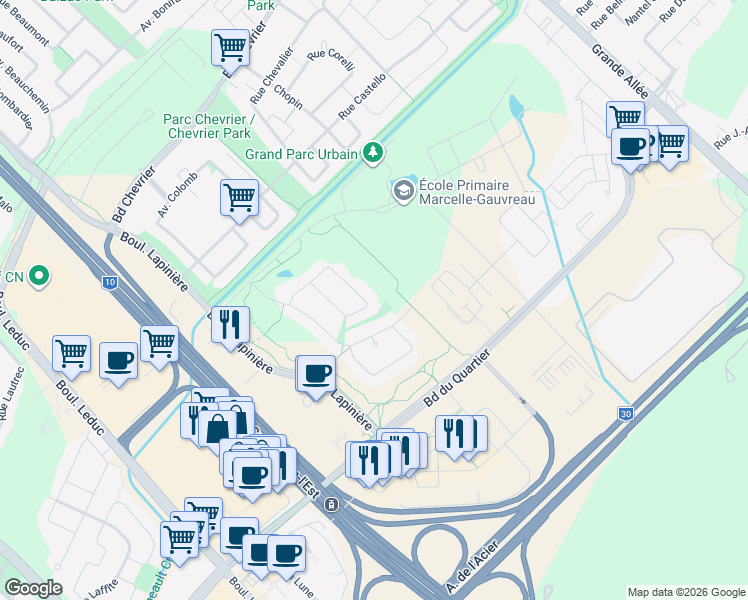 map of restaurants, bars, coffee shops, grocery stores, and more near 3690 Croissant des Caryers in Brossard