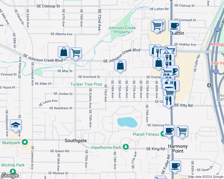 map of restaurants, bars, coffee shops, grocery stores, and more near 7348 Southeast Lamphier Street in Milwaukie