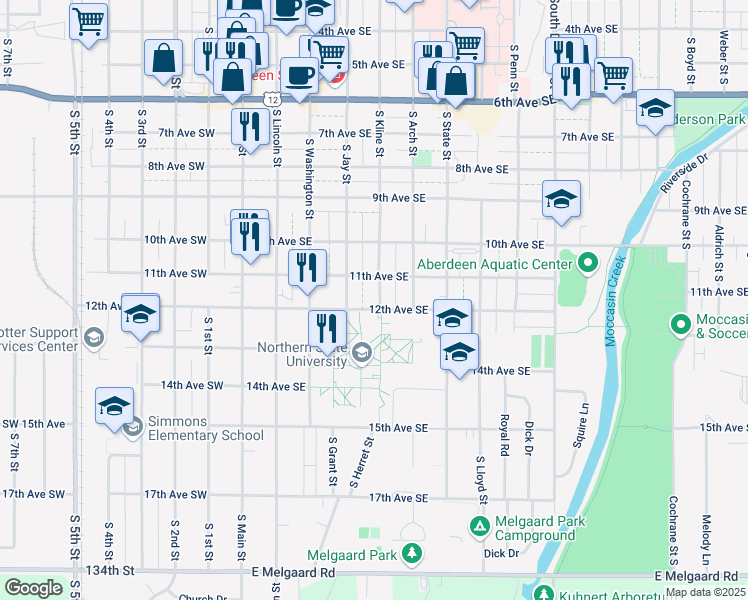 map of restaurants, bars, coffee shops, grocery stores, and more near 1120 South Kline Street in Aberdeen