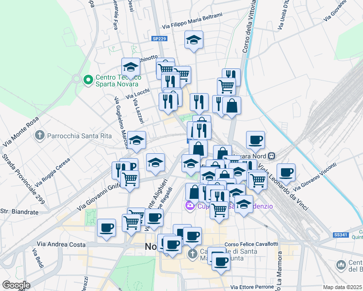 map of restaurants, bars, coffee shops, grocery stores, and more near 4 Strada Privata Ferrario in Novara