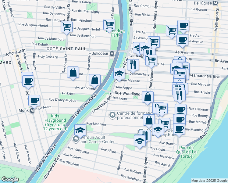 map of restaurants, bars, coffee shops, grocery stores, and more near 1213 Rue Woodland in Montréal