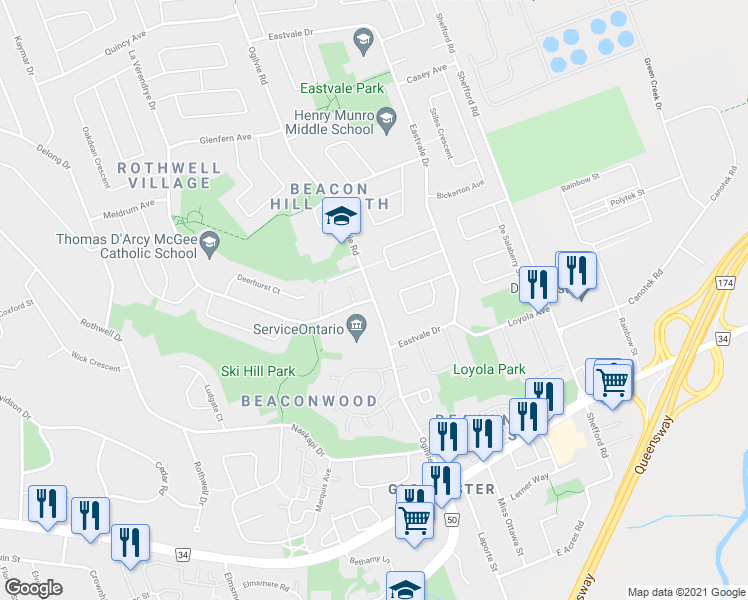 map of restaurants, bars, coffee shops, grocery stores, and more near 2336 Ogilvie Road in Ottawa
