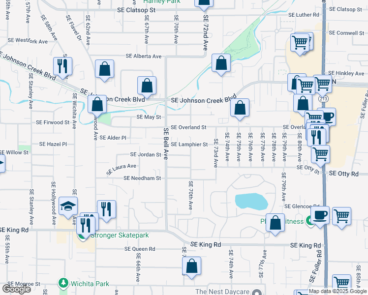 map of restaurants, bars, coffee shops, grocery stores, and more near 6920 Southeast Lamphier Street in Milwaukie