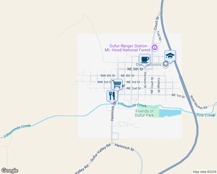 map of restaurants, bars, coffee shops, grocery stores, and more near 264 Johnston Street in Dufur