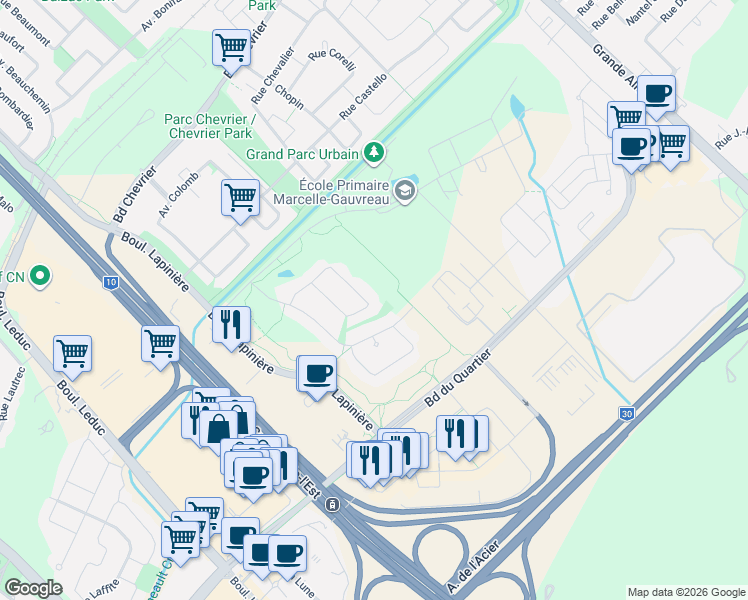 map of restaurants, bars, coffee shops, grocery stores, and more near 3690 Croissant des Caryers in Brossard