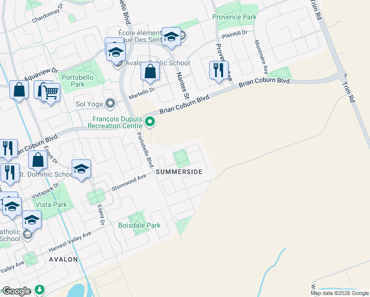map of restaurants, bars, coffee shops, grocery stores, and more near Soleil Avenue in Ottawa