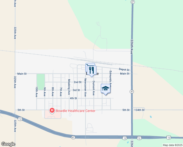 map of restaurants, bars, coffee shops, grocery stores, and more near 3026 Main Street in Bowdle