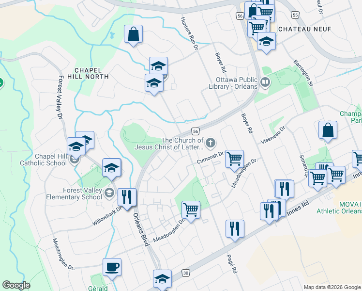 map of restaurants, bars, coffee shops, grocery stores, and more near 6287 Tealwood Place in Ottawa
