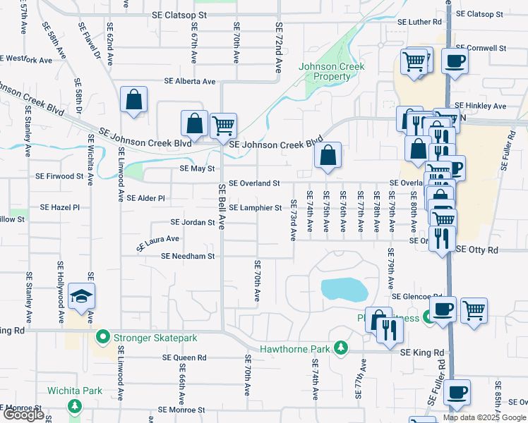 map of restaurants, bars, coffee shops, grocery stores, and more near 7010 Southeast Lamphier Street in Milwaukie