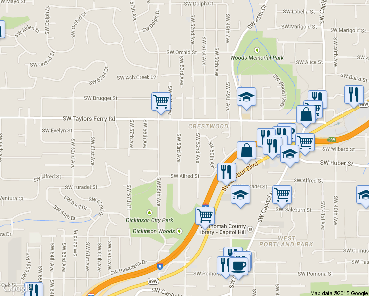map of restaurants, bars, coffee shops, grocery stores, and more near 10022 Southwest 53rd Avenue in Portland