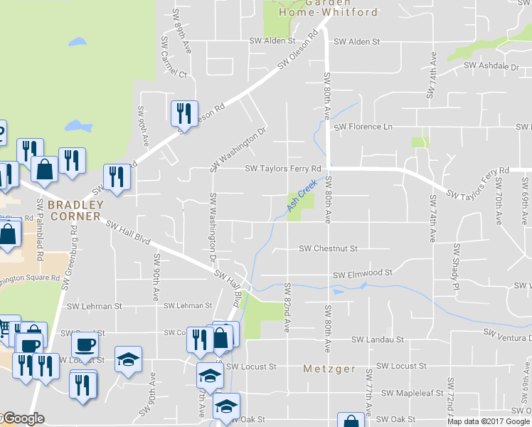 map of restaurants, bars, coffee shops, grocery stores, and more near 8407 Southwest Cedarcrest Street in Tigard