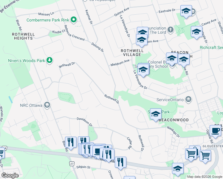 map of restaurants, bars, coffee shops, grocery stores, and more near 1 Delong Drive in Ottawa