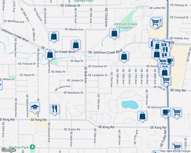 map of restaurants, bars, coffee shops, grocery stores, and more near 6920 Southeast Lamphier Street in Milwaukie