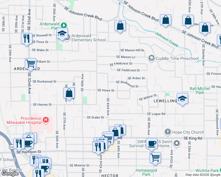 map of restaurants, bars, coffee shops, grocery stores, and more near 9660 Southeast 43rd Avenue in Milwaukie