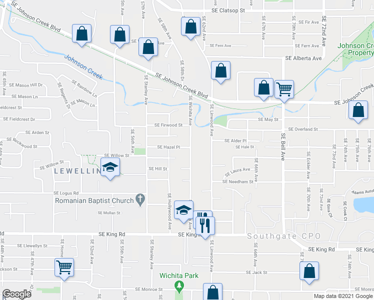 map of restaurants, bars, coffee shops, grocery stores, and more near 9711 Southeast Wichita Avenue in Milwaukie