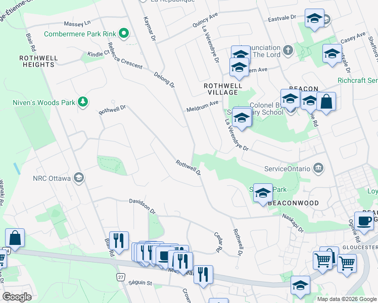 map of restaurants, bars, coffee shops, grocery stores, and more near 1 Delong Drive in Ottawa