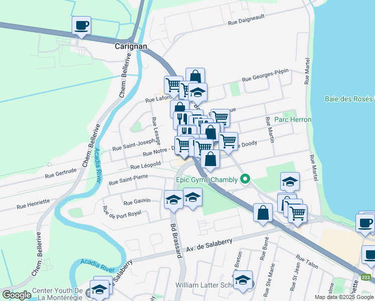 map of restaurants, bars, coffee shops, grocery stores, and more near 900 Boulevard de Périgny in Chambly