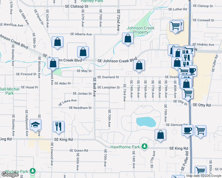map of restaurants, bars, coffee shops, grocery stores, and more near 7010 Southeast Lamphier Street in Milwaukie