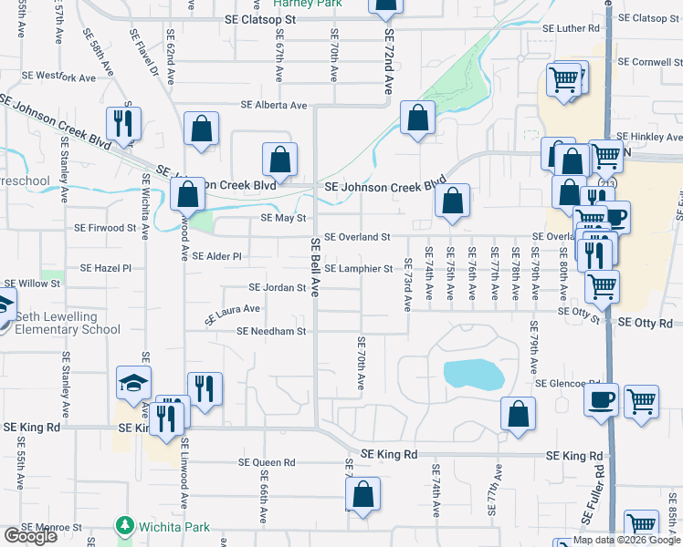 map of restaurants, bars, coffee shops, grocery stores, and more near 6888 Southeast Lamphier Street in Portland