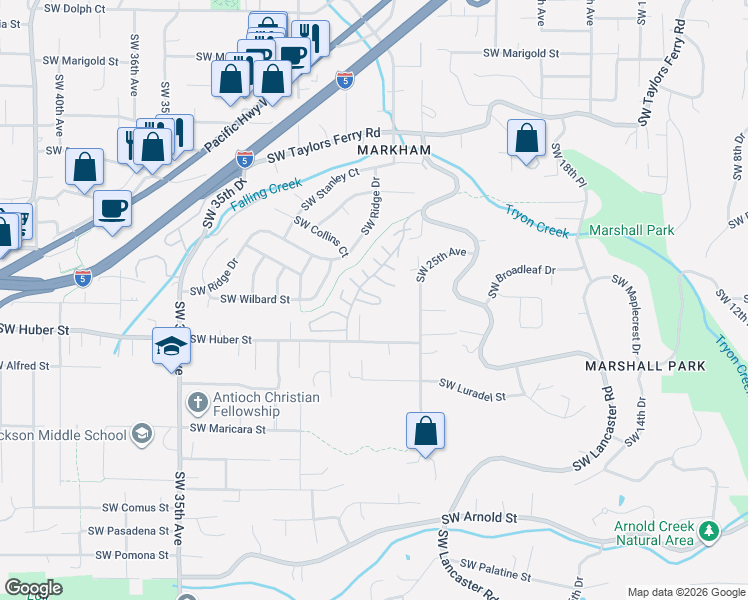 map of restaurants, bars, coffee shops, grocery stores, and more near 9912 Southwest Quail Post Road in Portland