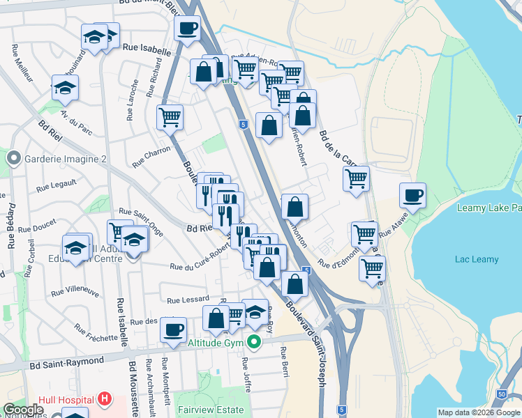 map of restaurants, bars, coffee shops, grocery stores, and more near 100 Rue Mutchmore in Gatineau