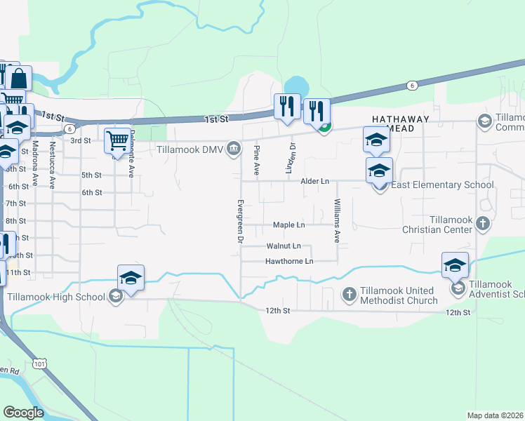 map of restaurants, bars, coffee shops, grocery stores, and more near 3508 Maple Lane in Tillamook