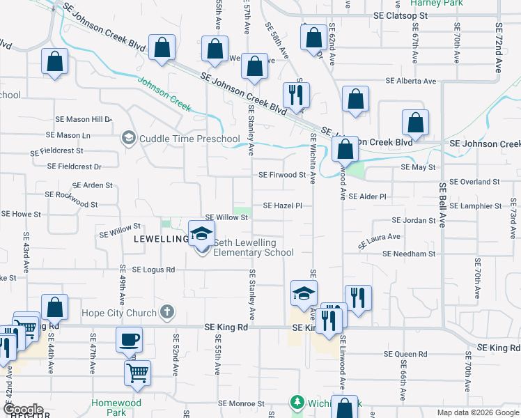 map of restaurants, bars, coffee shops, grocery stores, and more near 5710 Southeast Hazel Place in Milwaukie