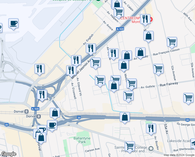 map of restaurants, bars, coffee shops, grocery stores, and more near 650 Avenue Orly in Dorval