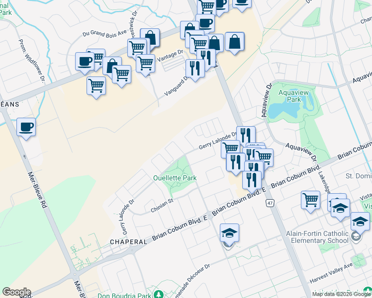 map of restaurants, bars, coffee shops, grocery stores, and more near 672 Petrichor Crescent in Ottawa