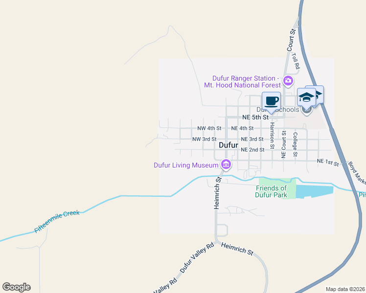 map of restaurants, bars, coffee shops, grocery stores, and more near 191 Northwest Vanderpool Street in Dufur