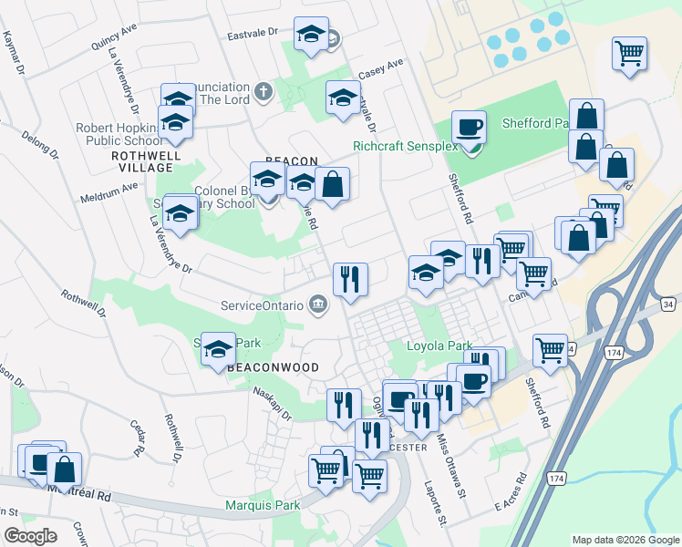 map of restaurants, bars, coffee shops, grocery stores, and more near 2336 Ogilvie Road in Ottawa