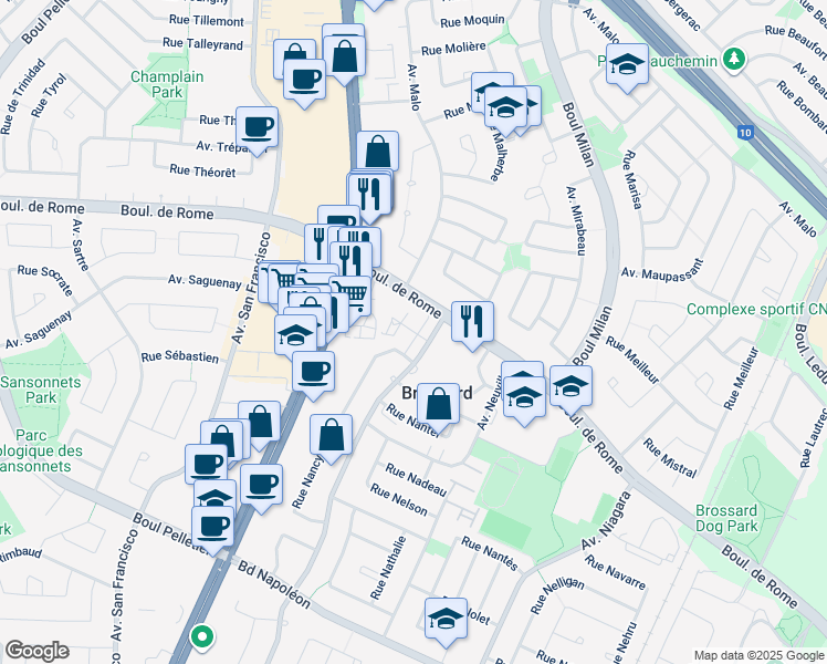 map of restaurants, bars, coffee shops, grocery stores, and more near Place Neptune in Brossard