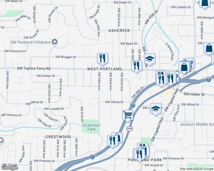 map of restaurants, bars, coffee shops, grocery stores, and more near 10022 Southwest 53rd Avenue in Portland
