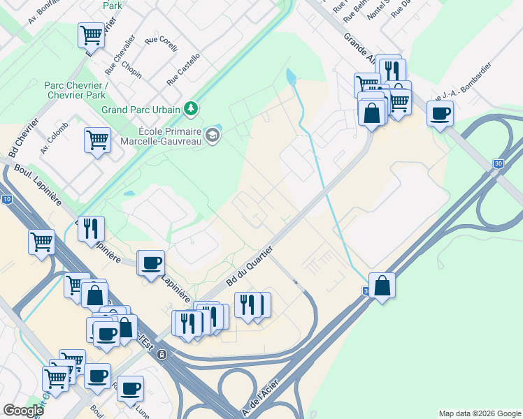 map of restaurants, bars, coffee shops, grocery stores, and more near 6005 Rue de Chambéry in Brossard