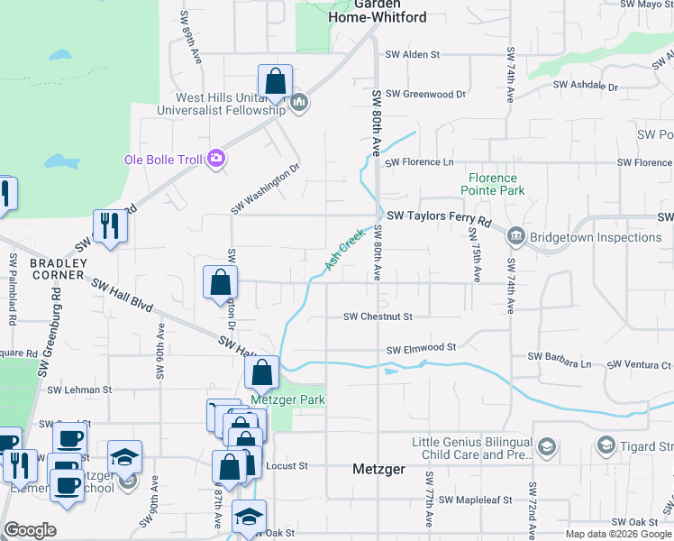 map of restaurants, bars, coffee shops, grocery stores, and more near 9261 Southwest Mackayla Place in Portland