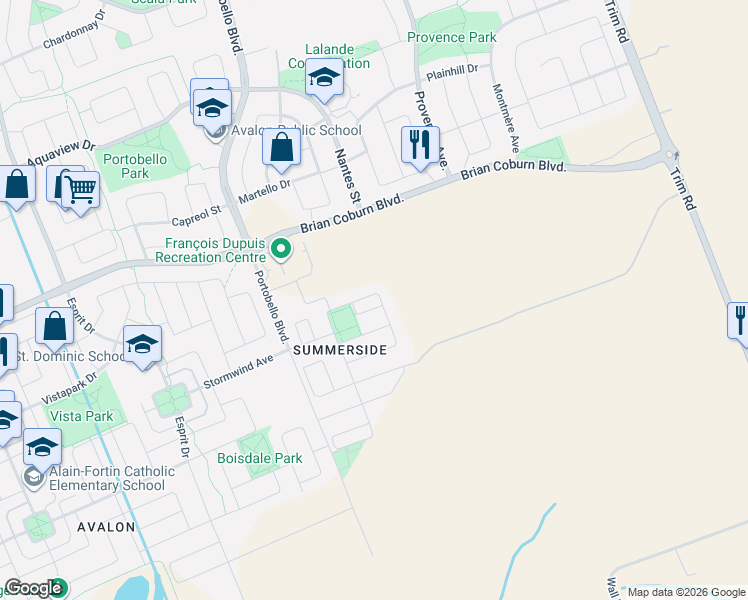 map of restaurants, bars, coffee shops, grocery stores, and more near 177 Soleil Avenue in Ottawa