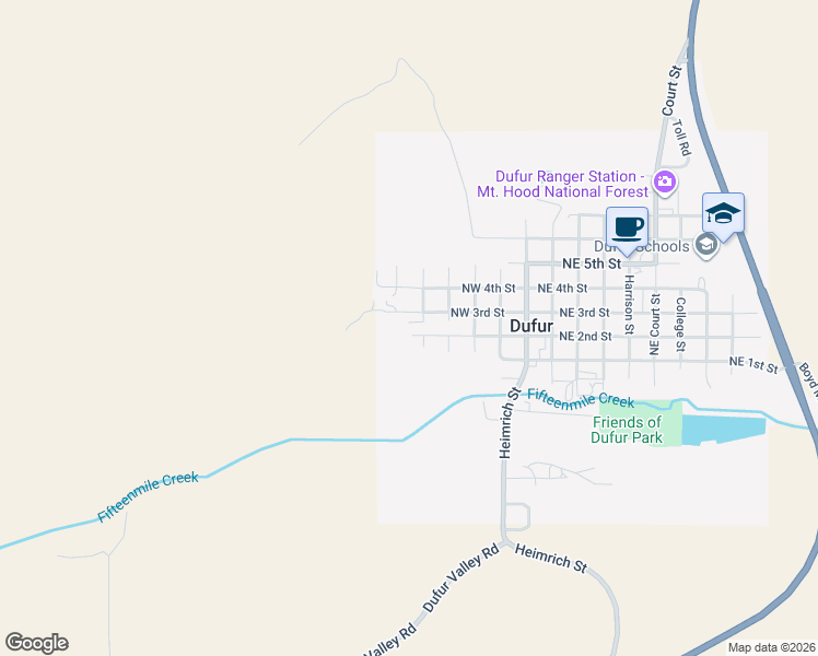 map of restaurants, bars, coffee shops, grocery stores, and more near 506 Northwest Bohna Street in Dufur