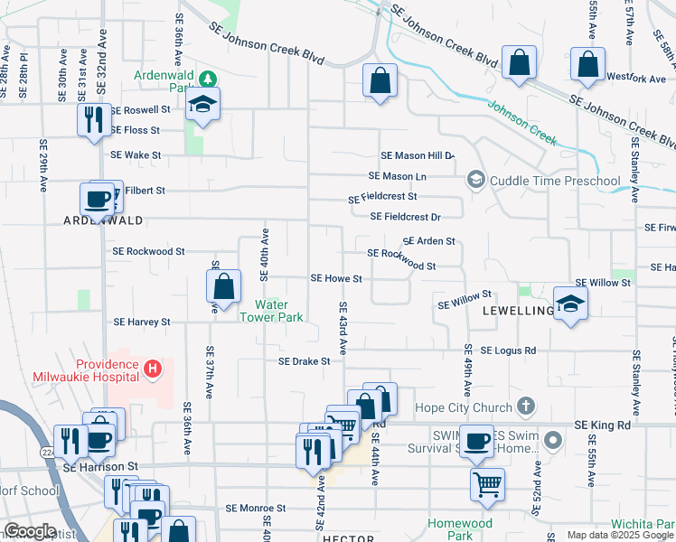 map of restaurants, bars, coffee shops, grocery stores, and more near 9665 Southeast 43rd Avenue in Milwaukie