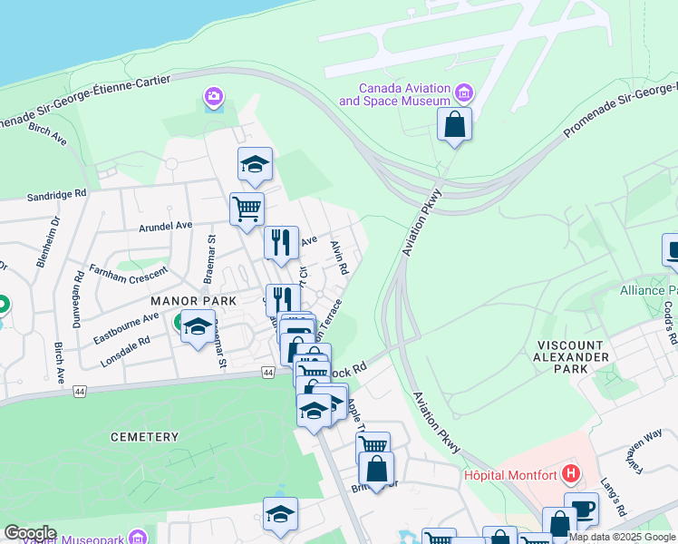 map of restaurants, bars, coffee shops, grocery stores, and more near 246 Alvin Road in Ottawa
