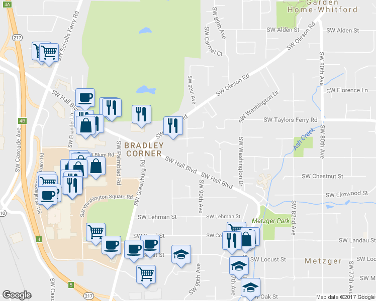 map of restaurants, bars, coffee shops, grocery stores, and more near 9087 Southwest Cedarcrest Street in Portland