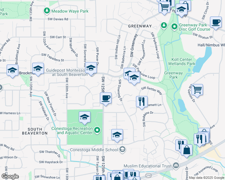 map of restaurants, bars, coffee shops, grocery stores, and more near 9255 Southwest Downing Drive in Beaverton