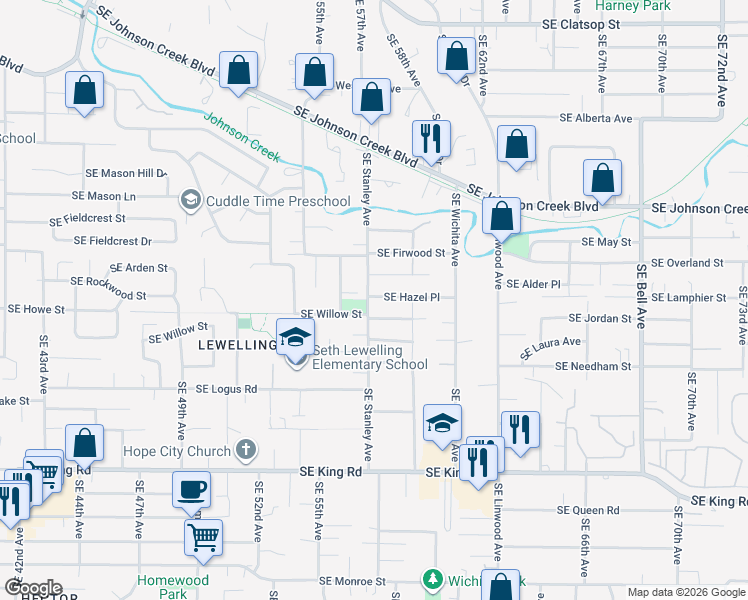 map of restaurants, bars, coffee shops, grocery stores, and more near 5710 Southeast Hazel Place in Milwaukie