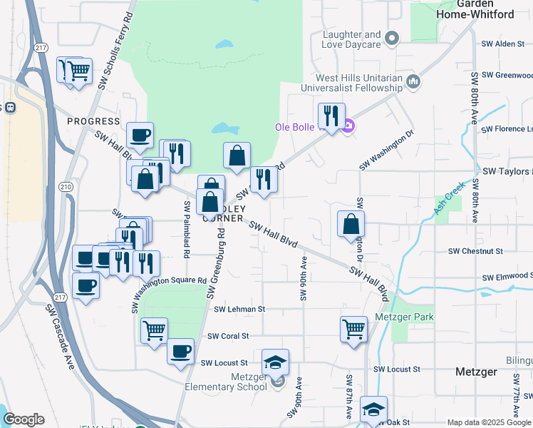 map of restaurants, bars, coffee shops, grocery stores, and more near 9360 SW Hall Blvd in Portland