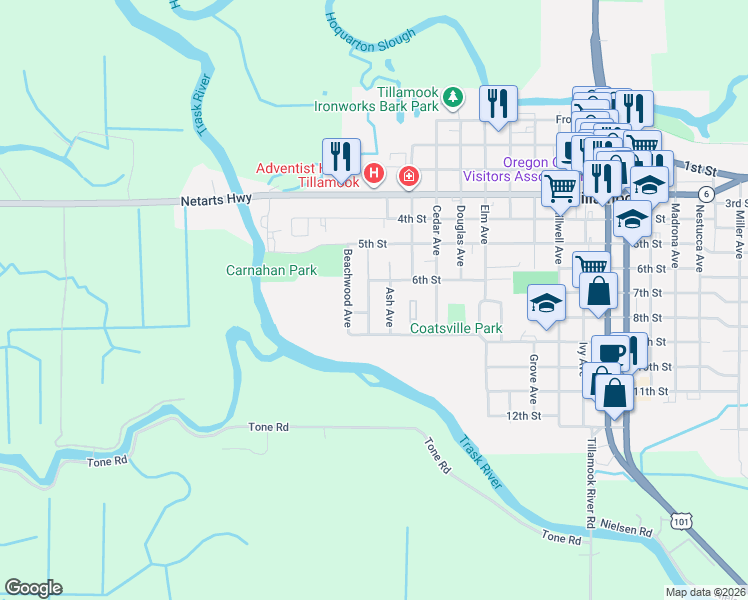 map of restaurants, bars, coffee shops, grocery stores, and more near 605 Cottonwood Avenue in Tillamook