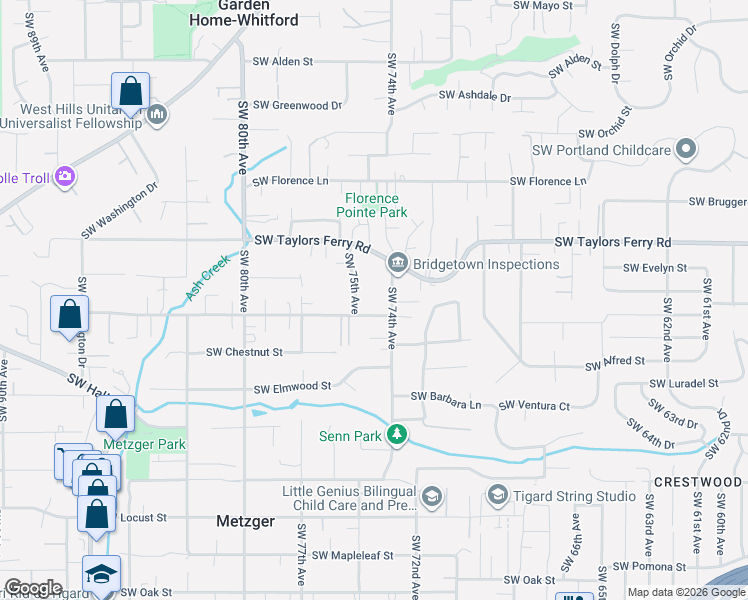 map of restaurants, bars, coffee shops, grocery stores, and more near 9245 Southwest 74th Avenue in Tigard